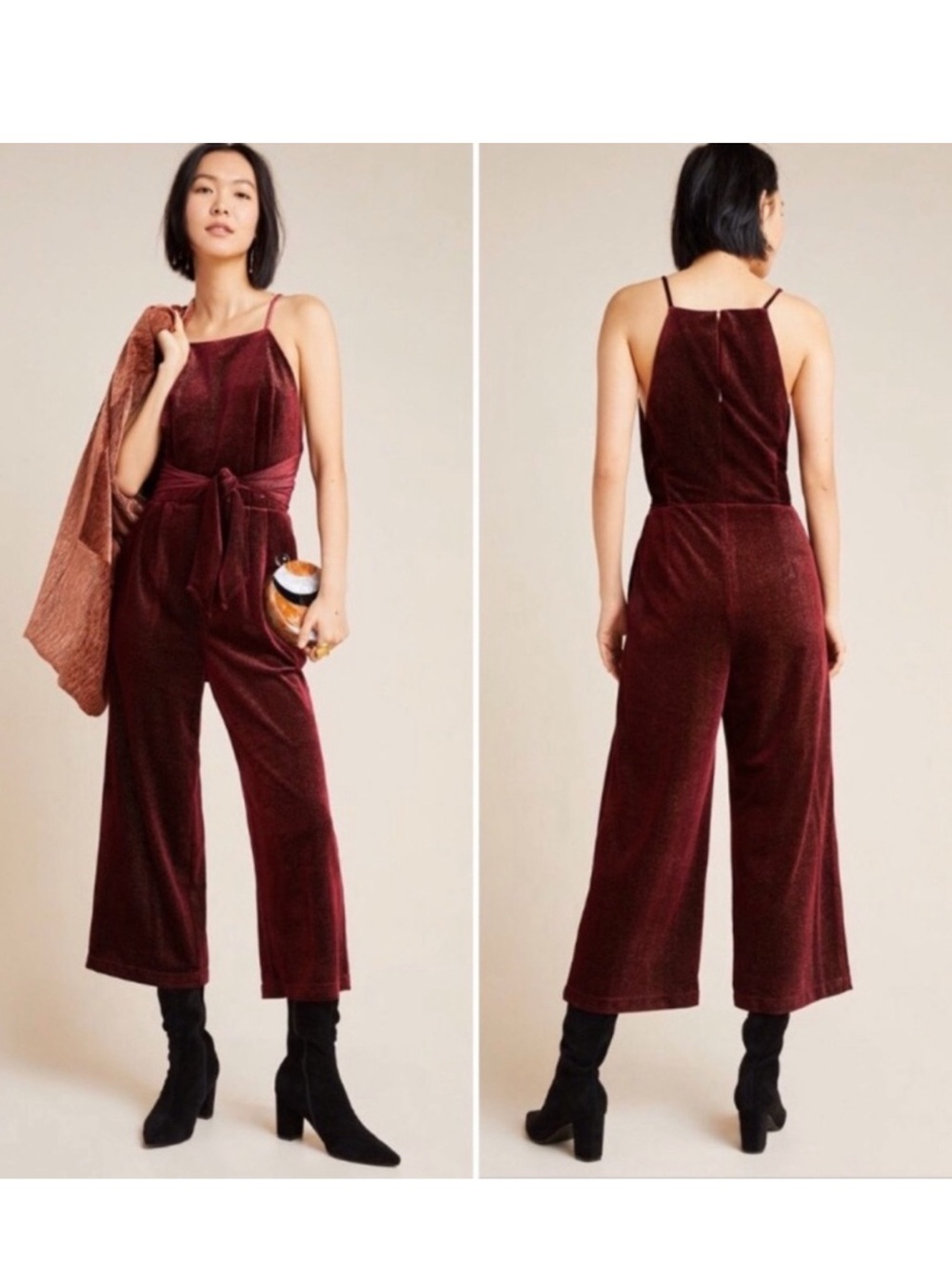 Anthropologie greylin
Rouge Velvet Cropped Wine Burgundy Jumpsuit size M NWT